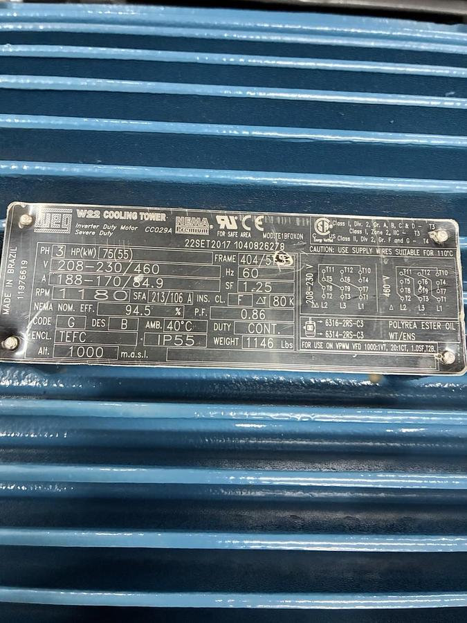 WEG,07512ET3ECT405T-W22,SEVERE INVERTER DUTY MOTOR 75HP 3PH 1180RPM 404T 405T