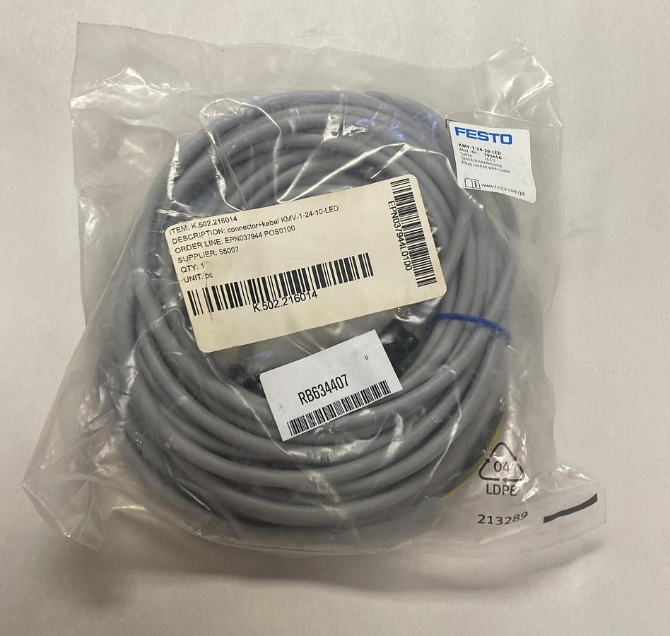 Used FESTO,KMV-1-24-10-LED,PLUG SOCKET WITH CABLE NEW