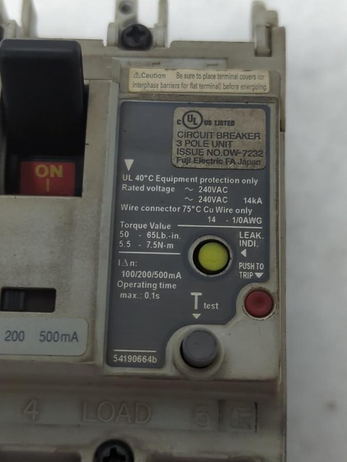 Used FUJI,EW100EAGU-3P075,EARTH LEAKAGE CIRCUIT BREAKER 75 AMP 3-POLE PRE-OWNED