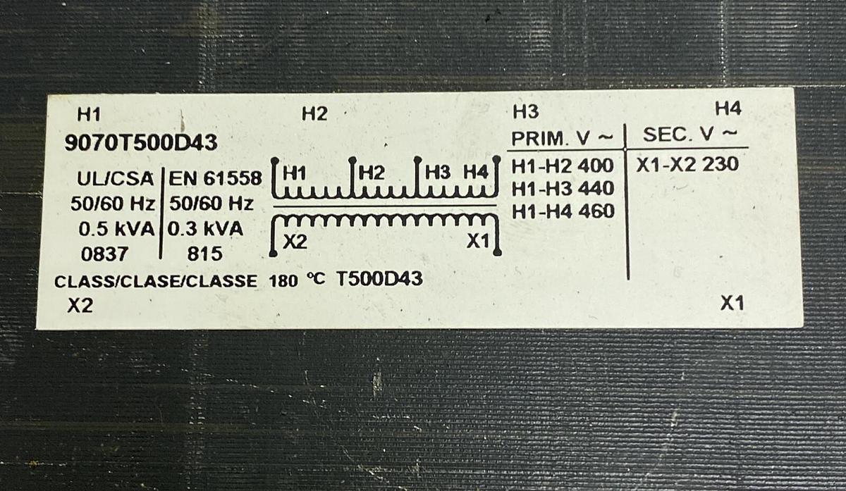 Used SQUARE D,9070T500D43,TRANSFORMER CONTROL 500VA 400/440/460-230