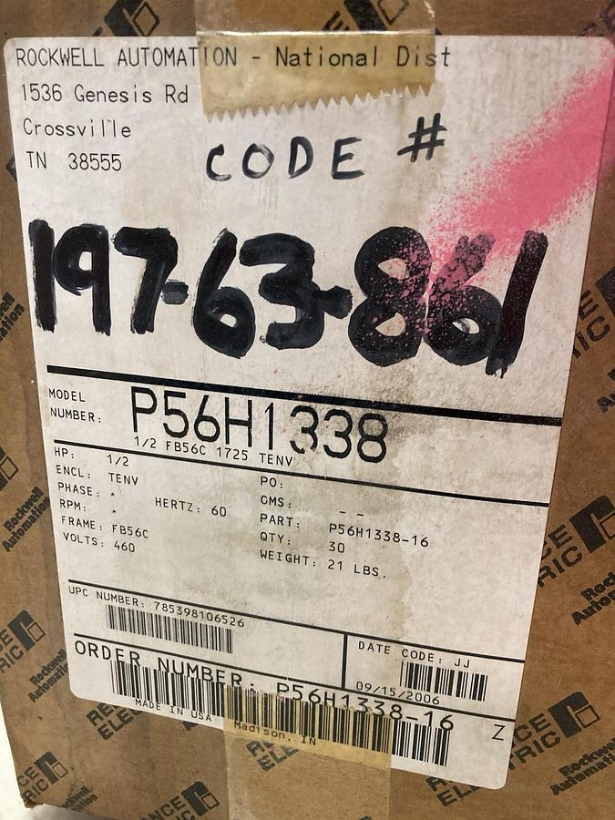 Reliance Electric,P56H1338H,3-Phase Motor 1/2Hp 1725rpm 60Hz Frame FB56C