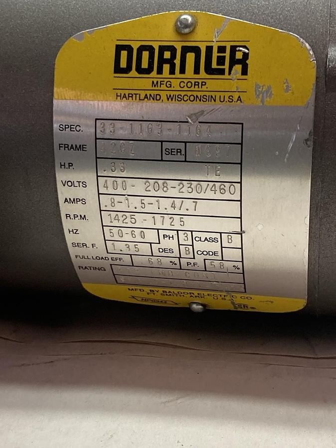 Used Dorner,33-1163-1164,3-Phase Electric AC Motor 0.33Hp Frame 42CZ 1425-1725rpm