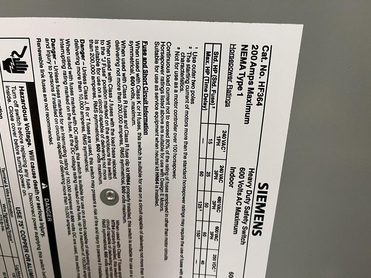 SIEMENS,HF364,200A 600V HEAVY DUTY SAFETY SWITCH