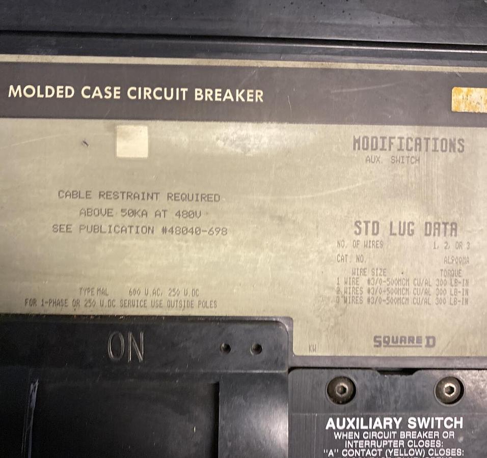 Used SQUARE D,MHL366001212,CIRCUIT BREAKER 600AMP 600V 3 POLE W/ AUX 60 Day Return!