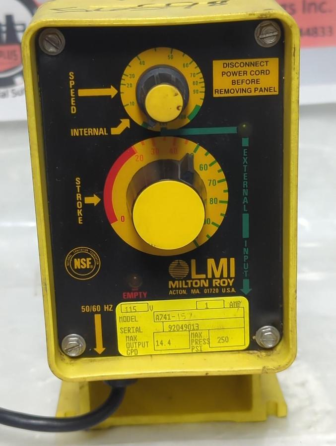 Used LMI MILTON ROY,A741-157,METERING PUMP 115V 1 AMP 250PSI PRE-OWNED