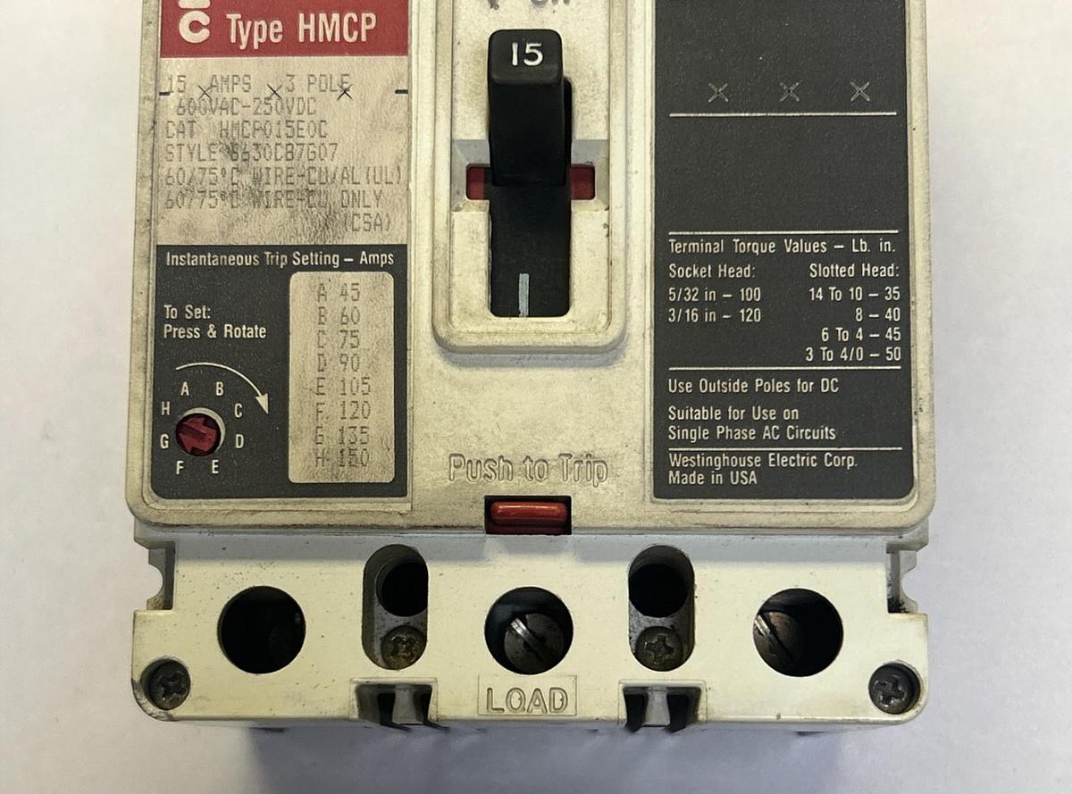 Used WESTINGHOUSE,HMCP015E0C,CIRCUIT BREAKER 15A 600V 3P