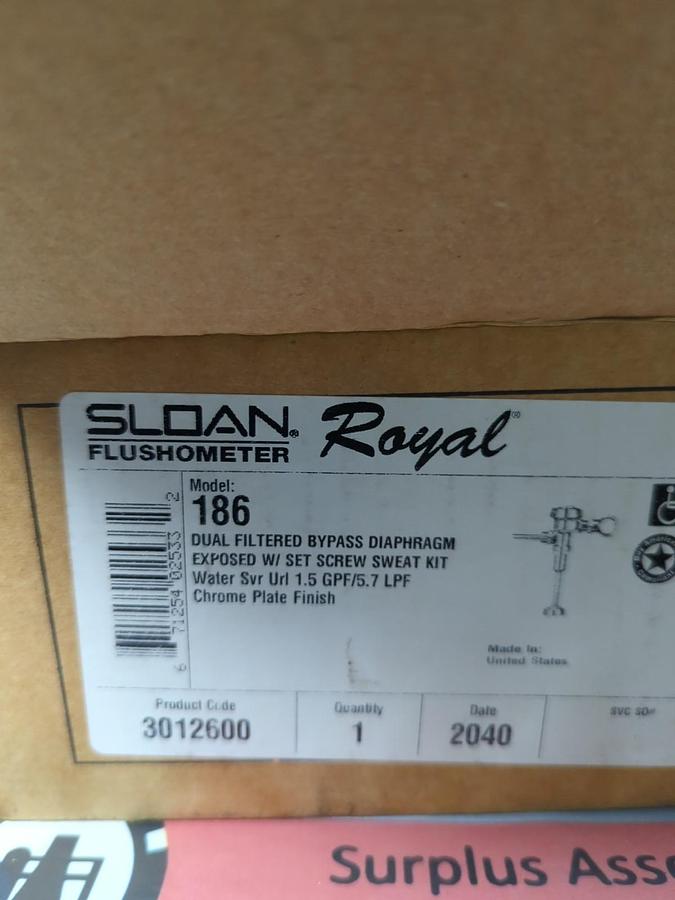 SLOAN,186,ROYAL FLUSHMASTER URINAL FLUSH VALVE ASSEMBLY 3/4 INCH NOS