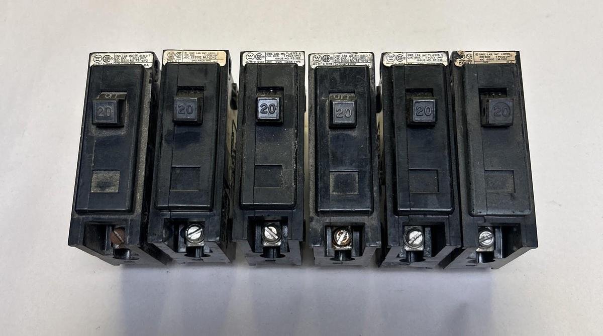 Used WESTINGHOUSE,BA120,CIRCUIT BREAKER 20A 120/240V 1P LOT OF 6
