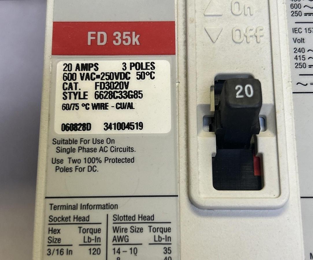 Used CUTLER-HAMMER,FD3020V,CIRCUIT BREAKER 20A 600V 3P NEW