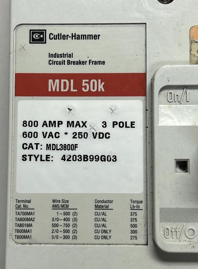 CUTLER-HAMMER,MDL3800F,CIRCUIT BREAKER FRAME 800A 600V 3P NEW