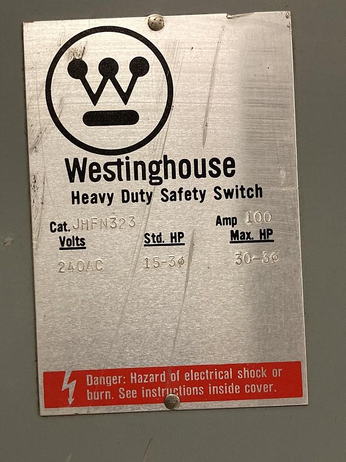 Used Westinghouse,JHFN323,Heavy Duty Disconnect Switch 100A 240AC