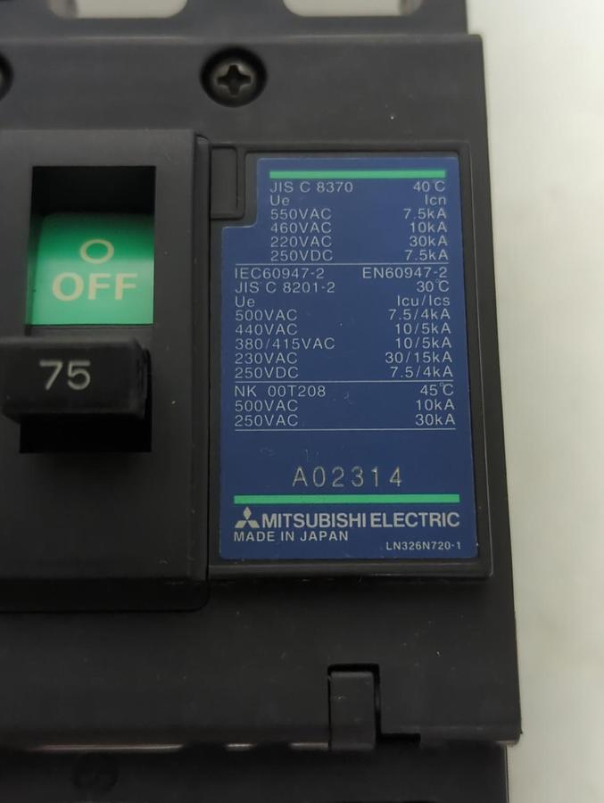 Used MITSUBISHI,NF75-CW,CIRCUIT BREAKER 75 AMP 3-POLE PRE-OWNED