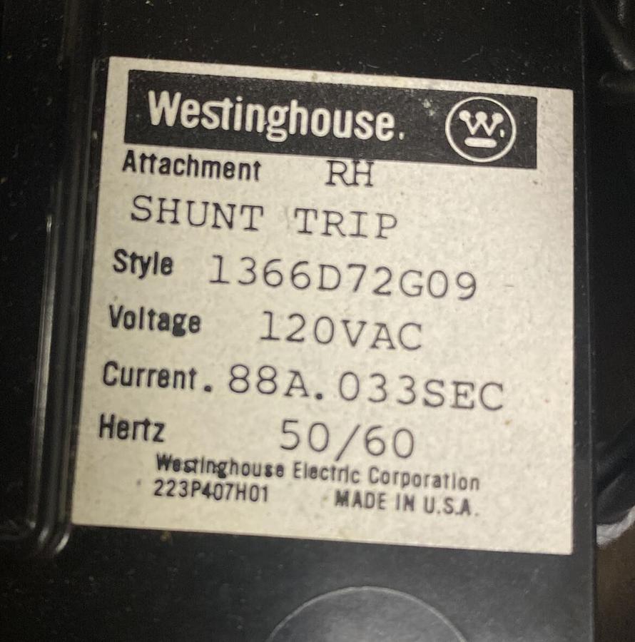 WESTINGHOUSE,1366D72G09,SHUNT TRIP 100Amp 600V NOS
