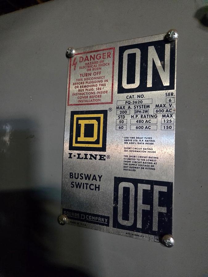 Used SQUARE D,PQ-3620,I-LINE BUSWAY SWITCH BUS PLUG 3ph 200A 600V
