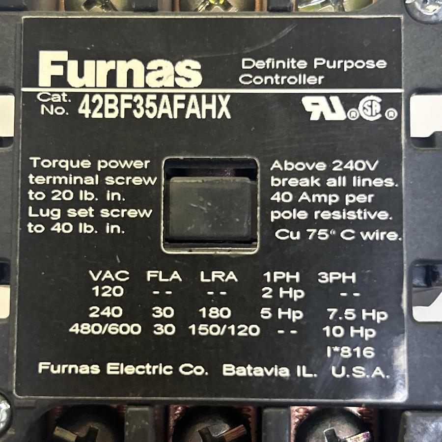 Used FURNAS,42BF35AFAHX,DEFINITE PURPOSE CONTROLLER CONTACTOR 40A 120V 3P