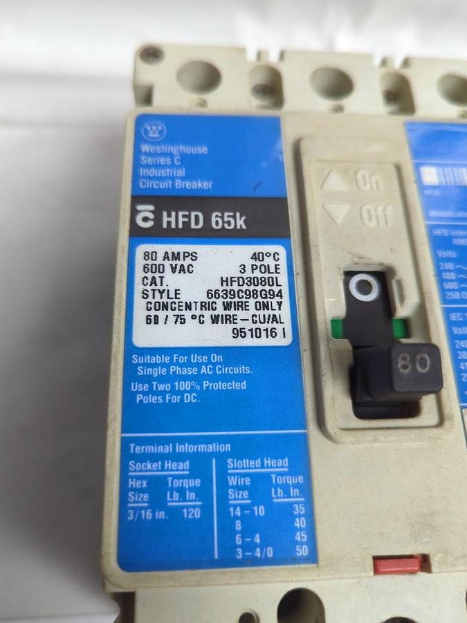 Used WESTINGHOUSE,HFD3080L,CIRCUIT BREAKER 80 AMP 600V 3-POLE PRE-OWNED