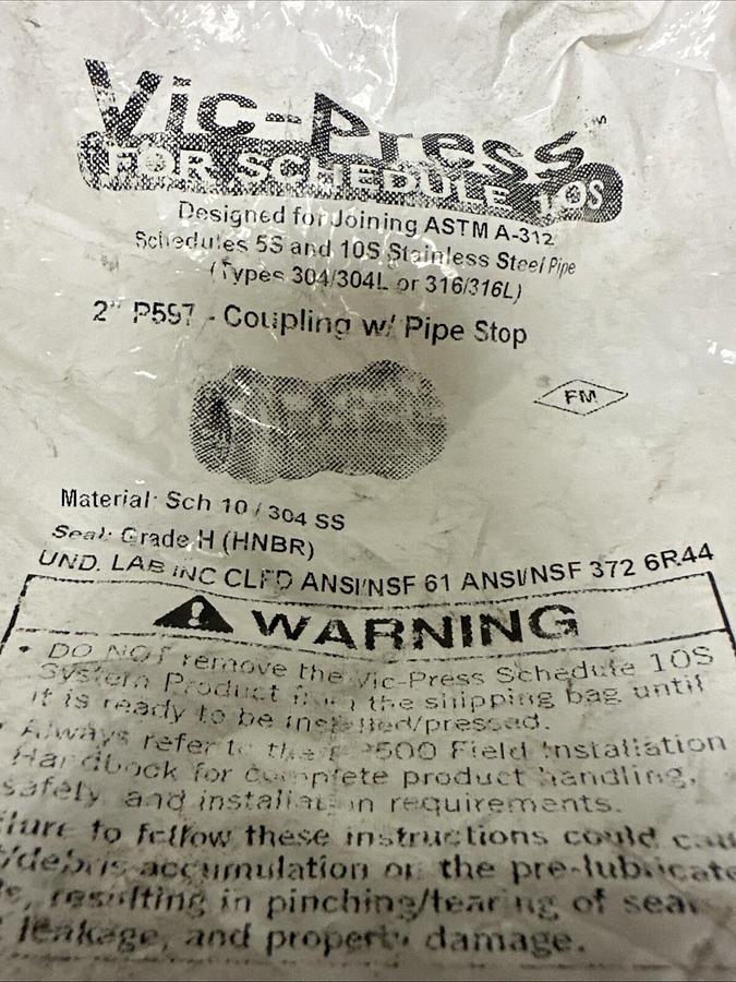 Used Vic-Press,P597,2" Coupling W/Pipe Stop Sch. 10/304 SS
