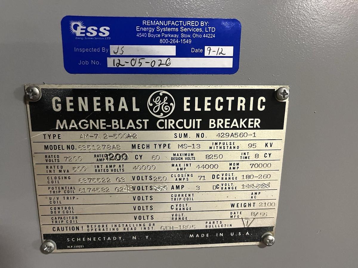 Used GENERAL ELECTRIC,AM-7.2-500A-2,MAGNE-BLAST CIRCUIT BREAKER 1200A 7200V