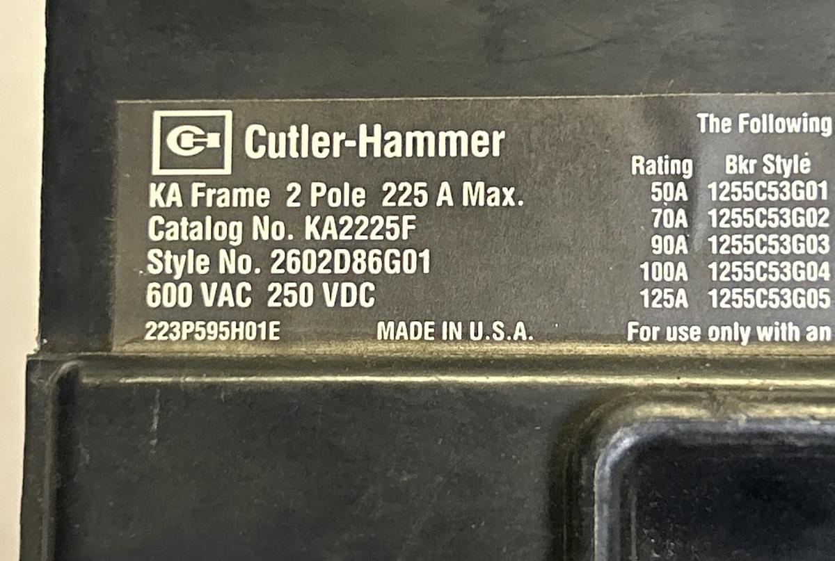 Used CUTLER-HAMMER,KA2225F,CIRCUIT BREAKER 225A 600V 2P