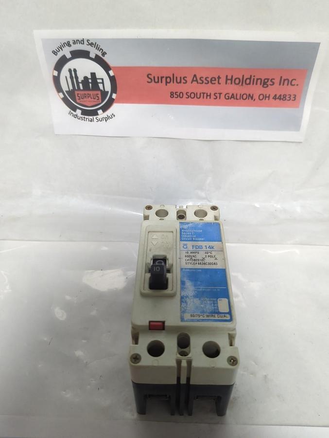 Used WESTINGHOUSE,6638C30G83,CIRCUIT BREAKER 2-POLE 10A 600VAC PRE-OWNED