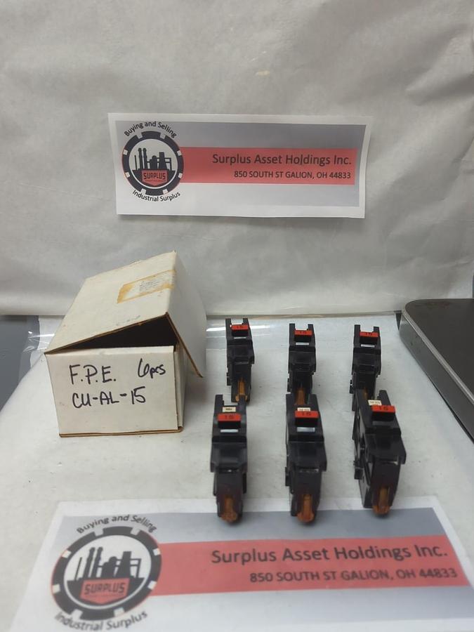 Used FEDERAL PACIFIC,CU-AL-15,CIRCUIT BREAKER 1-POLE 15 AMP LOT OF 6 PRE-OWNED
