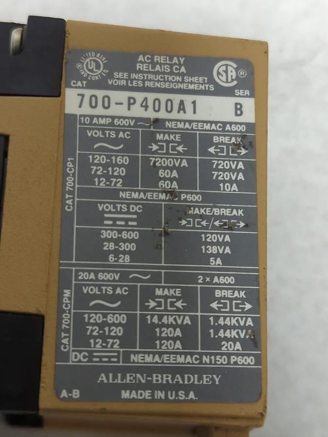 Used ALLEN-BRADLEY,700-P400A1,COIL RELAY SERIES B TYPE P 10 AMP PRE-OWNED