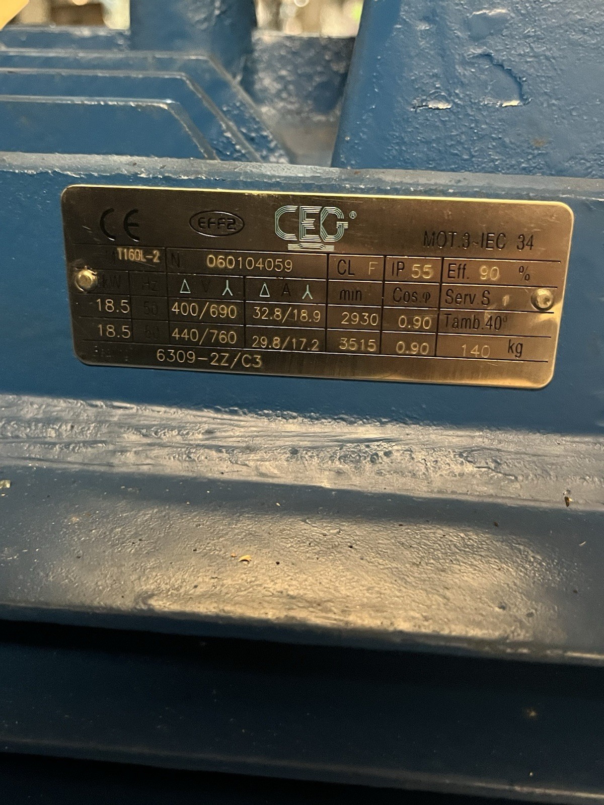 CEG,T160L-2,MOTOR 18.5kW 400/690V 440/760V 3515RPM 3PH
