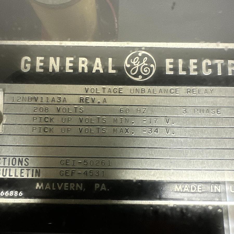 Used GE,12NBV11A3A,Voltage Unbalance Relay 208v 60hz 3Phase