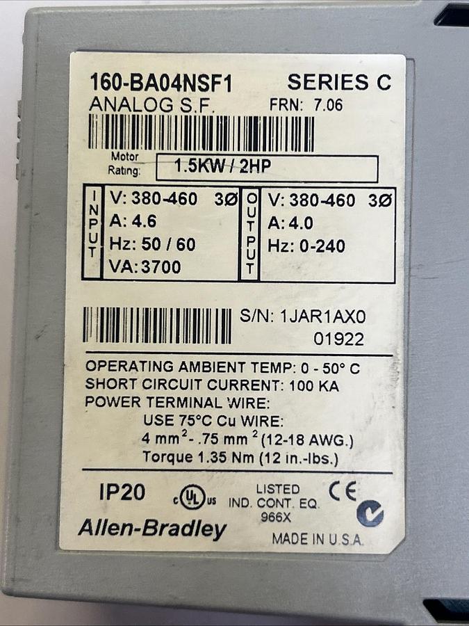 Used ALLEN BRADLEY,160-BA04NSF1,VARIABLE SPEED DRIVE