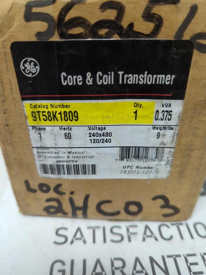 GE,9T58K1809,CORE & COIL TRANSFORMER 240X480V SCC 120X240 .375 KVA NEW