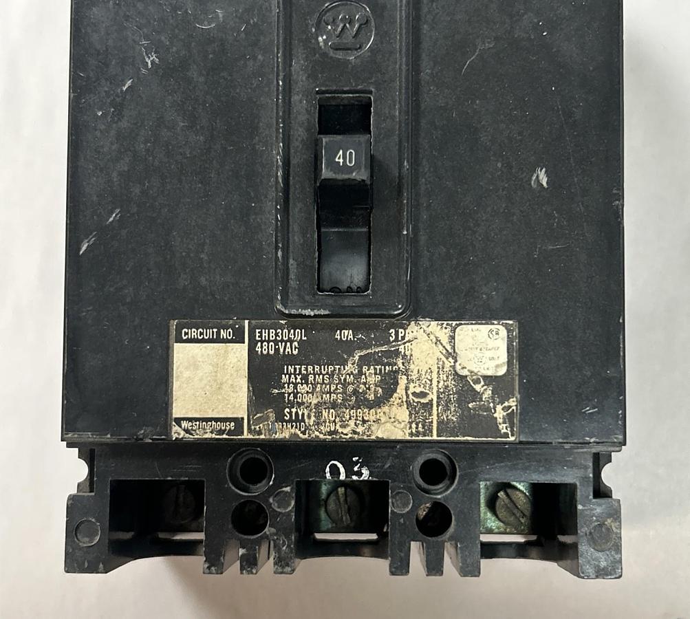 Used WESTINGHOUSE,EHB3040L,CIRCUIT BREAKER 40A 480V 3P