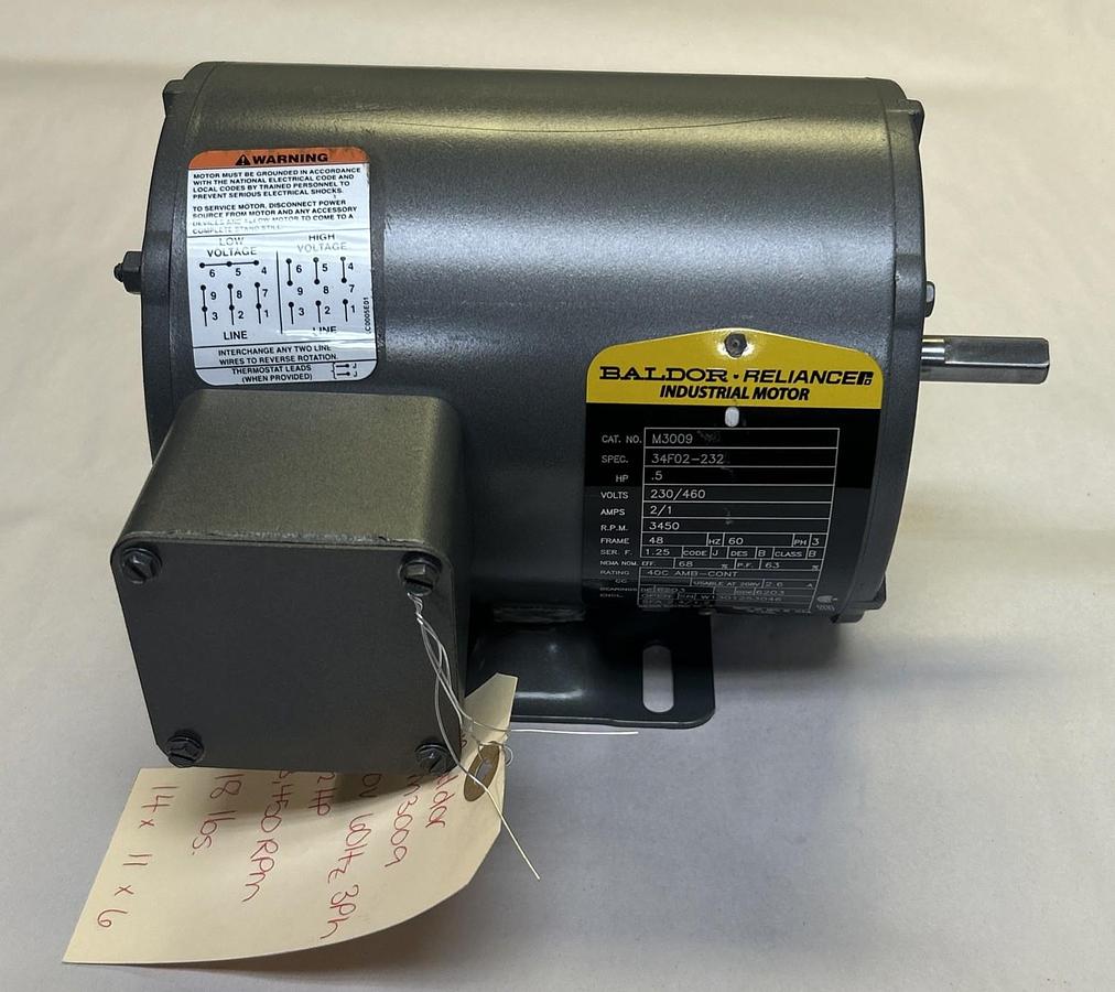 BALDOR,M3009,MOTOR 1/2HP 3450RPM 230/460V 3PH 48 FRAME NOS