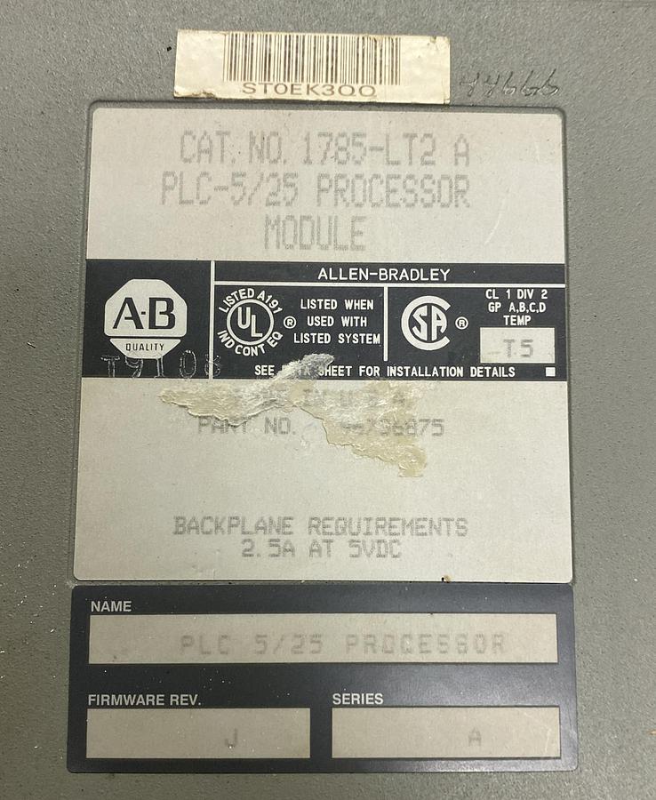Used ALLEN BRADLEY,1785-LT2,SER A PLC-5/25 PROCESSOR MODULE
