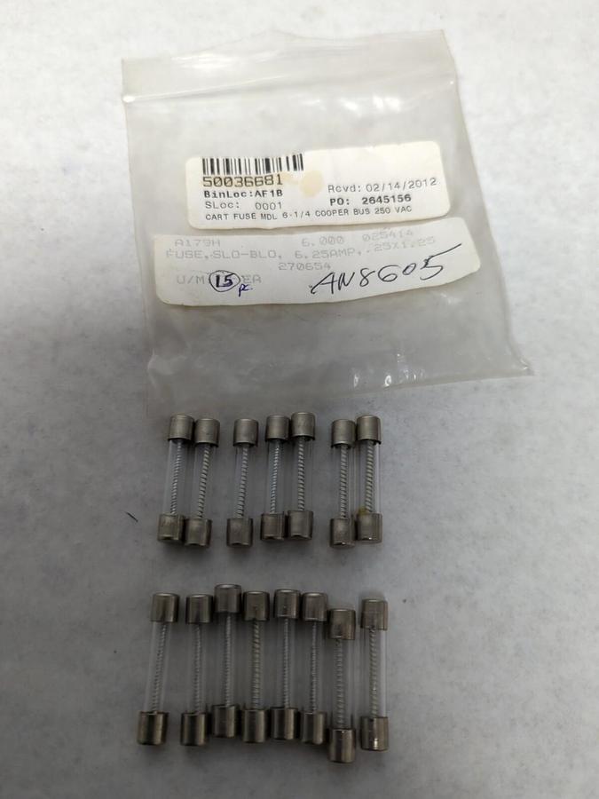 COOPER BUSSMANN,MDL 6-1/4,GLASS FUSES LOT OF 15 NOS