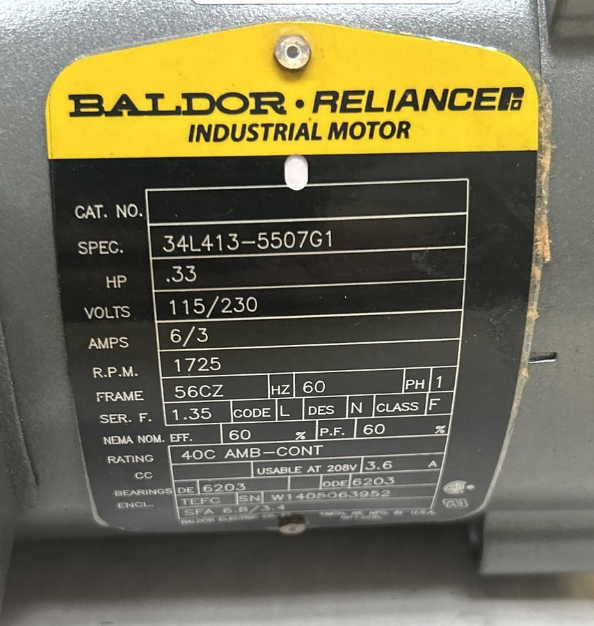 Used BALDOR,34L413-5507G1,MOTOR 1/3HP 1725RPM 115/230V 1PH 56CZ FRAME