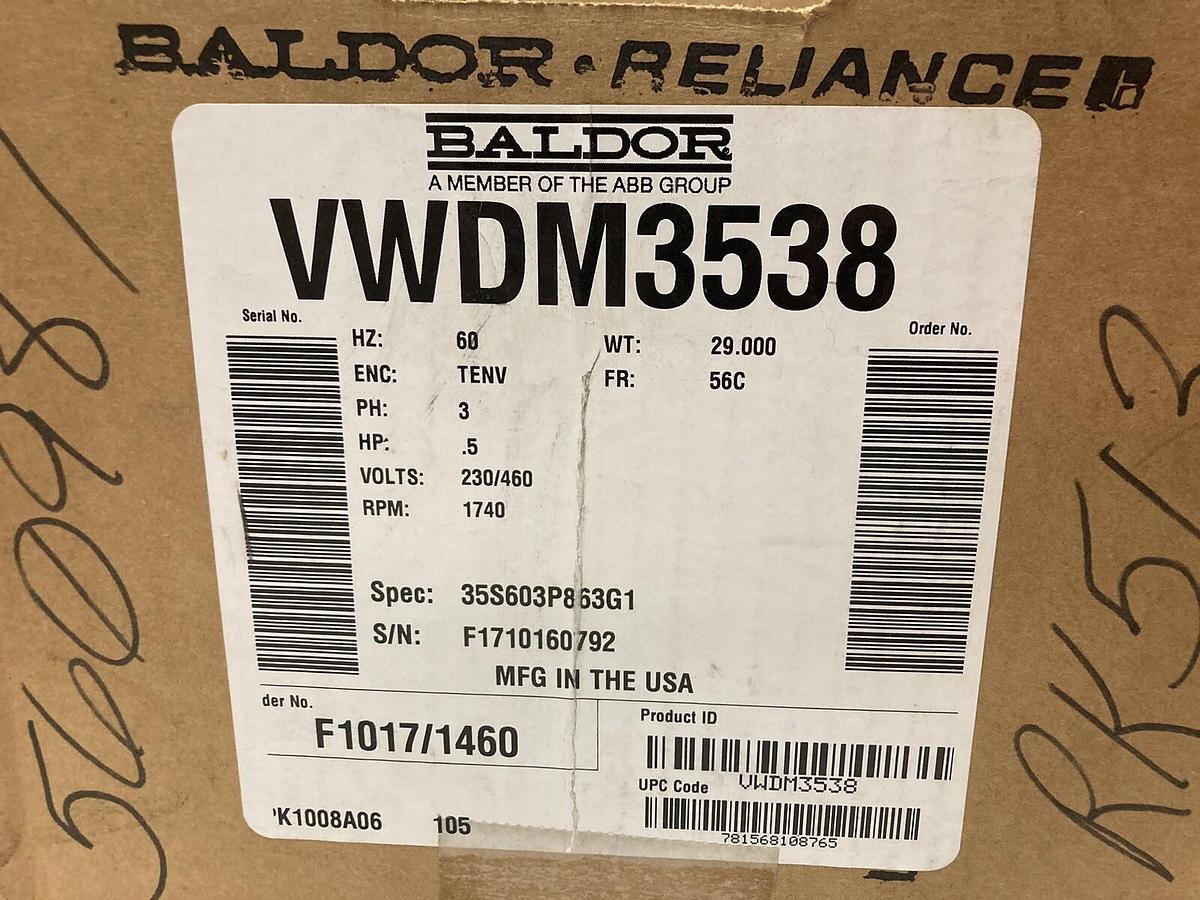 Used Baldor,VWDM3538,3-Phase Motor 0.5 Hp 1740RPM 56C Frame