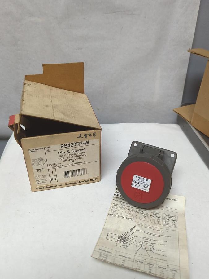 PASS & SEYMOUR,PS420R7-W,PIN & SLEEVE W.T. RECEPTACLE 20A 3PH 480VAC NOS