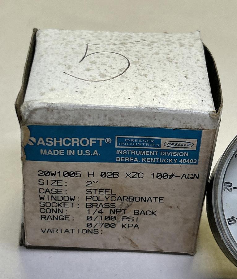 Used ASHCROFT,20W1005H02B,PRESSURE GAUGE 2IN 0-100PSI NEW