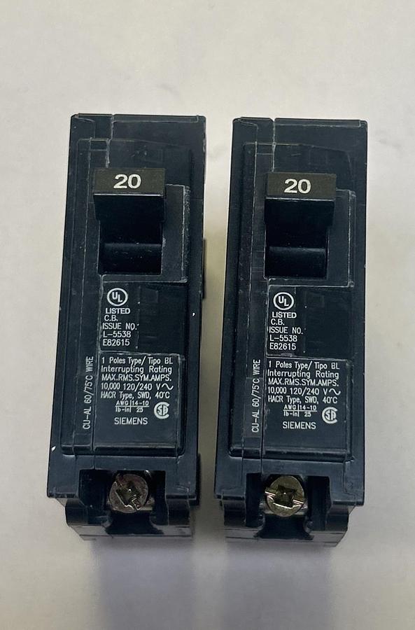 SIEMENS,B120,CIRCUIT BREAKER 20A 120/240V 1P LOT OF 2 NOS