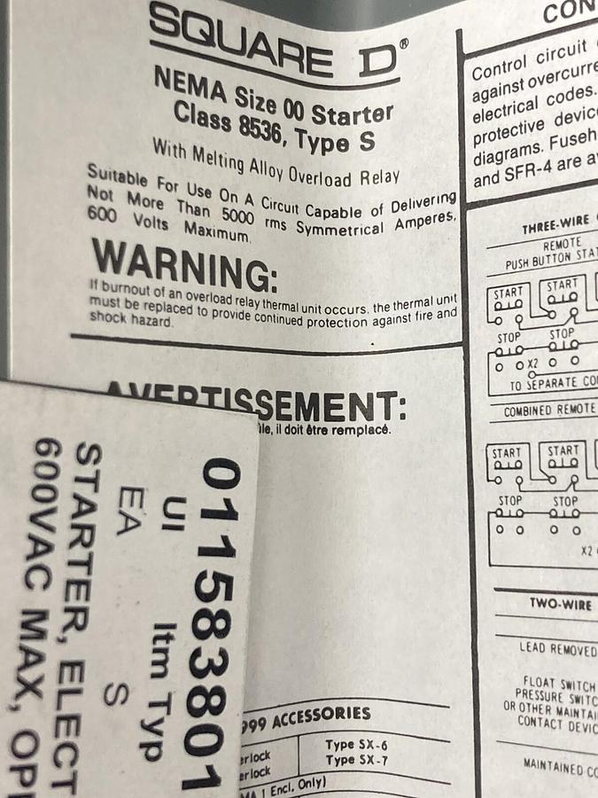 Used Square D,Class 8536 Type S,Motor Starter Nema Size 00 SAG12 600VAC