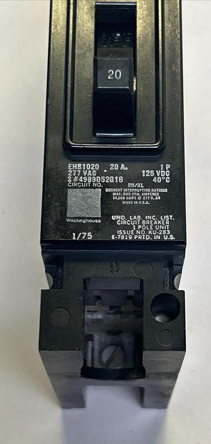 Used WESTINGHOUSE,EHB1020,CIRCUIT BREAKER 20A 277V 1P