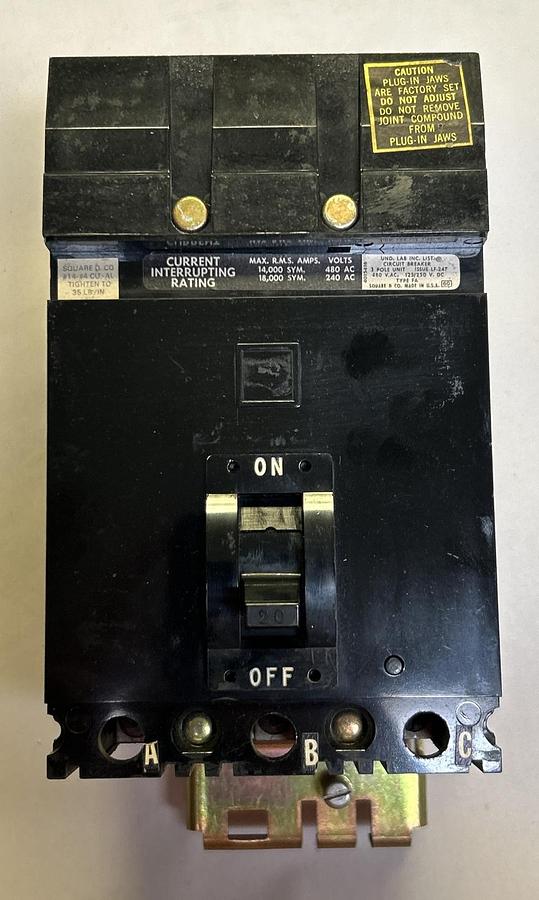 Used SQUARE D,FA-34020,I-LINE CIRCUIT BREAKER 20A 480V 3P