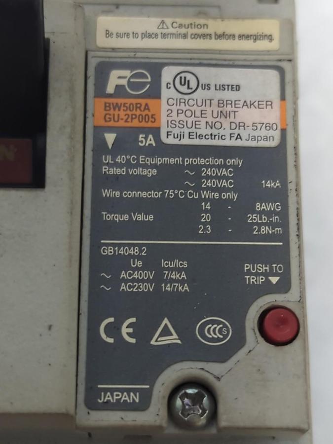 Used FUJI,BW50RAGU-2P005,CIRCUIT BREAKER 5 AMP 2-POLE PRE-OWNED