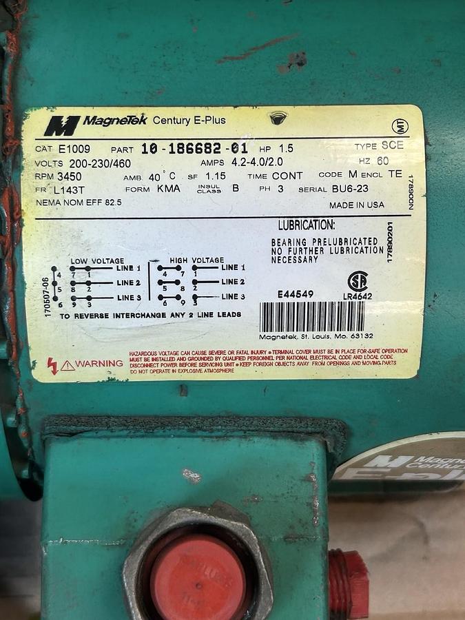 Used MAGNETEK,E1009,MOTOR 1.5HP 200-230/460V 3450 RPM 3PH L143T FRAME