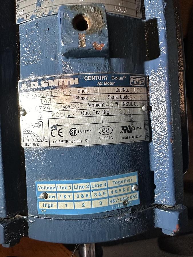 Used AO Smith,F-391315-63,AC Motor 1Hp 1755RPM 143T Frame 230/460AC 3PH