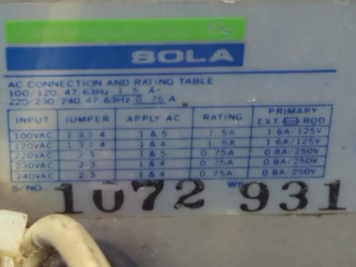 Used SOLA,SLS-24-036,POWER SUPPLY 24VDC 3.6AMP PRE-OWNED