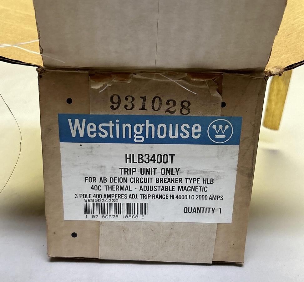 Used WESTINGHOUSE,HLB3400T,TRIP UNIT 400 AMP 3 POLE NEW