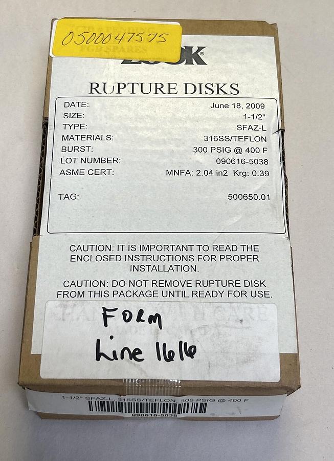 ZOOK,SFAZ-L,RUPTURE DISKS 1-1/2" 300 PSIG NOS