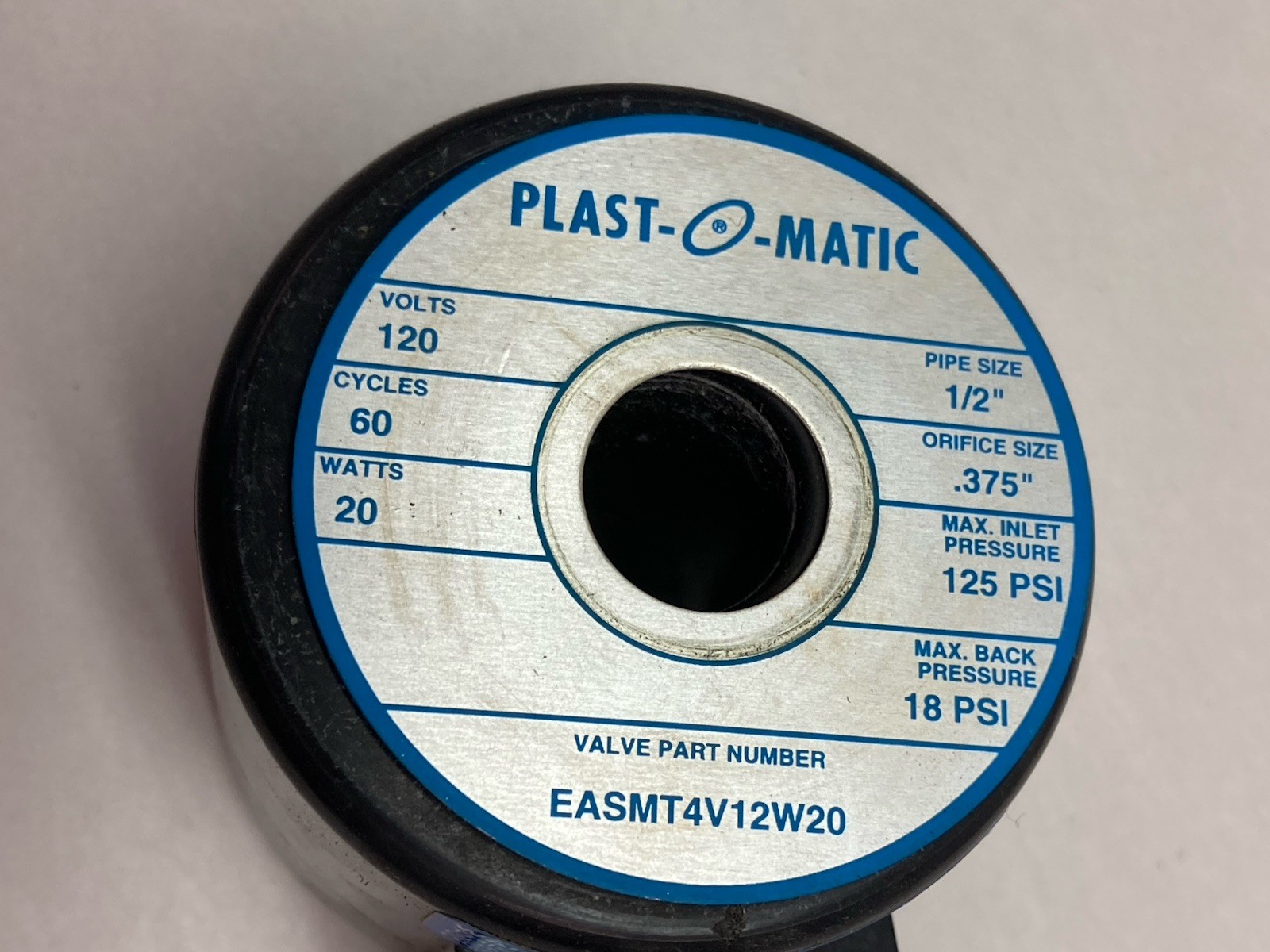 Used Plast-O-Matic,EASMT4V12W20,Valve 120V 60Cy 20W 1/2 Inch Pipe Size