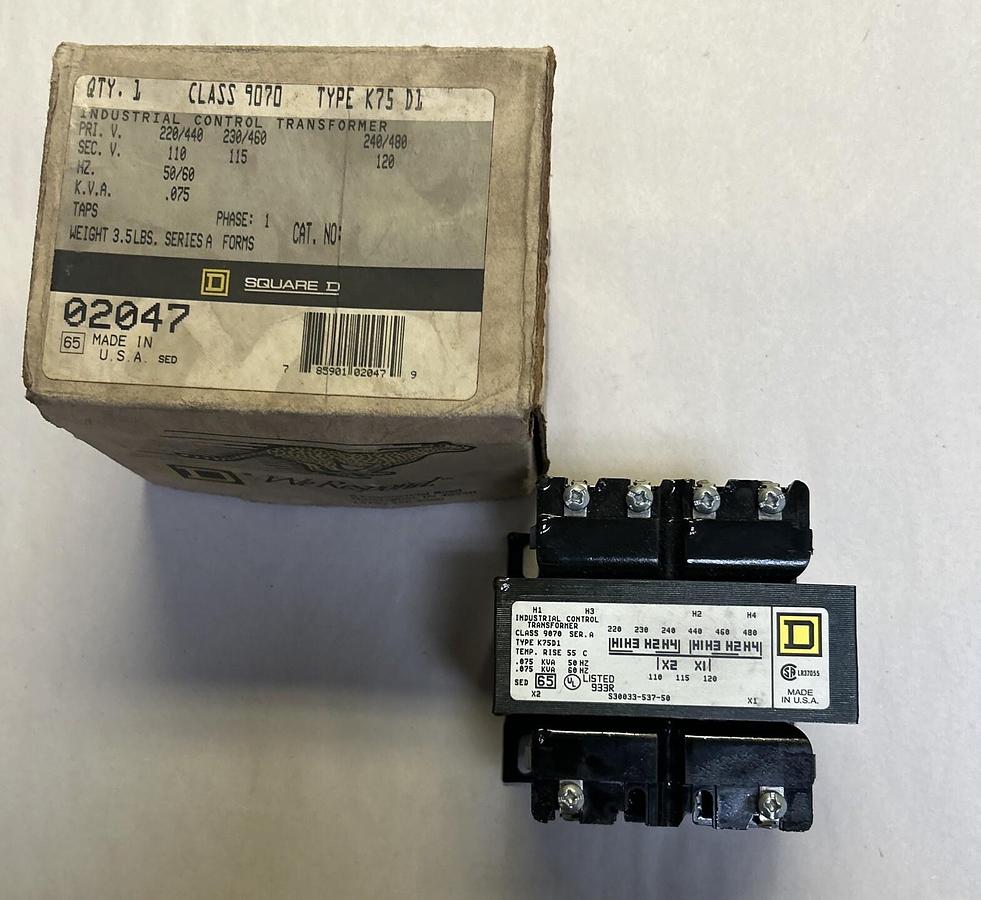 SQUARE D,9070K75D1,INDUSTRIAL CONTROL TRANSFORMER NOS